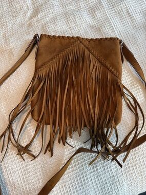 Fringed Suede Crossbody Bag in Brown